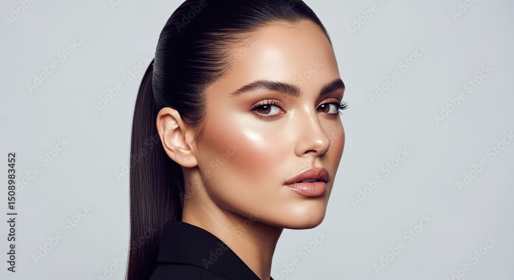 Naklejka premium Elegant Portrait of a Young Woman with Glossy Makeup and High Ponytail Against a Light Grey Background