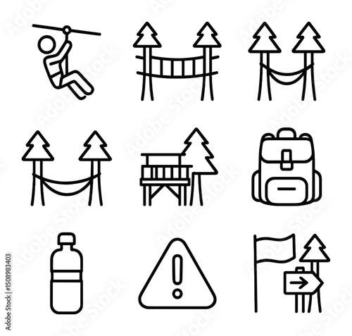 Tree Adventure Icons. Outline icon set of recreational tree adventures: zip line, canopy bridge, hanging hammock, observation