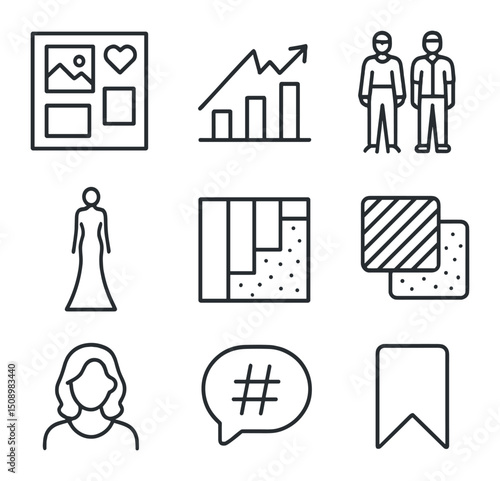 Trend Inspiration Icon Set. Outline icon set of trend inspiration boards: mood collage, trend icon, street style photo, runway