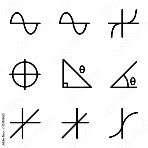 Trigonometric Functions Icons. Outline icon set of trigonometric functions: sine wave, cosine wave, tangent curve, unit circle,