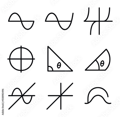 Trigonometric Functions Icons. Outline icon set of trigonometric functions: sine wave, cosine wave, tangent curve, unit circle,