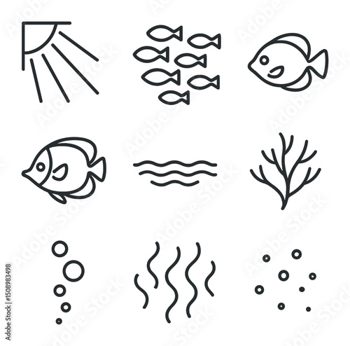Tropical Fish Icons. Outline icon set of tropical fish shoal in sunbeams: sunshaft, fish shoal, yellow tang, butterflyfish, shadow