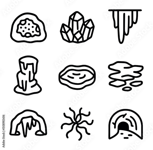Underground Icon Set. Outline icon set of underground rock formations: drusy cavity, quartz geode, speleothem curtain, flowstone