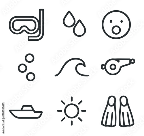 Underwater Icon Set. Outline icon set of underwater surfacing gasp: snorkel mask, water droplets, open mouth, rising bubbles, wave