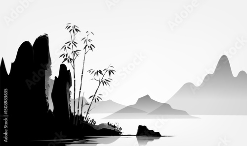 Horizontal watercolor ink art illustrations of bamboo and landscape