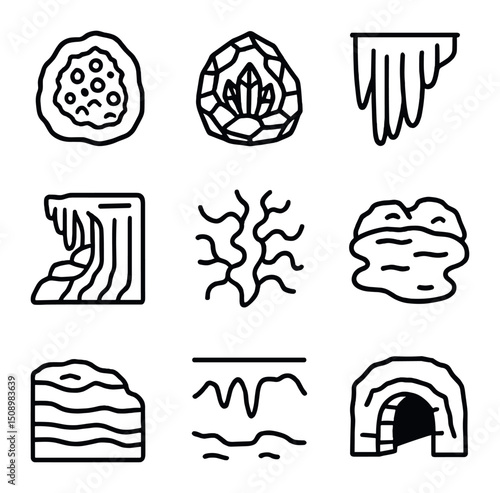 Underground Icon Set. Outline icon set of underground rock formations: drusy cavity, quartz geode, speleothem curtain, flowstone