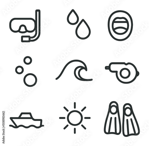 Underwater Icon Set. Outline icon set of underwater surfacing gasp: snorkel mask, water droplets, open mouth, rising bubbles, wave