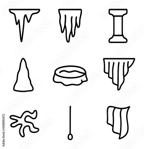 Underwater Cave Icons. Outline icon set of underwater cave formations: stalactite, stalagmite, flowstone sheet, pillar column,