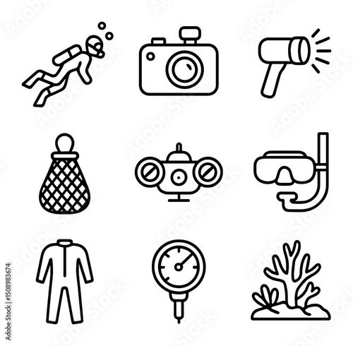 Underwater Icon Set. Outline icon set of underwater observation of Pelagia: scuba diver, underwater camera, dive light, mesh
