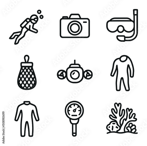 Underwater Icon Set. Outline icon set of underwater observation of Pelagia: scuba diver, underwater camera, dive light, mesh