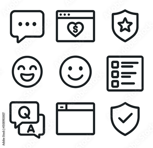 User Interaction Icons. Outline icon set of user interaction tools: chat window, donation alert, subscriber badge, emote icon,