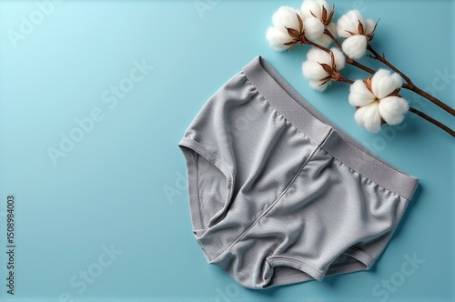 Soft gray underwear lies elegantly on a soothing blue backdrop, complemented by delicate cotton blossoms that evoke comfort and simplicity, showcasing everyday essentials with style
