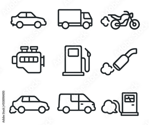 Vehicle Emission Icons. Outline icon set of vehicle emission sources: car with exhaust, truck silhouette, motorcycle exhaust plume