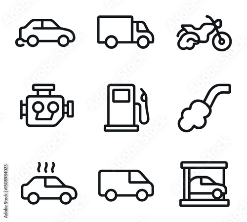 Vehicle Emission Icons. Outline icon set of vehicle emission sources: car with exhaust, truck silhouette, motorcycle exhaust plume