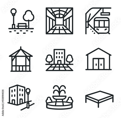 Venue Icon Set. Outline icon set of venue and staging elements: public square, shopping mall corridor, subway platform, park