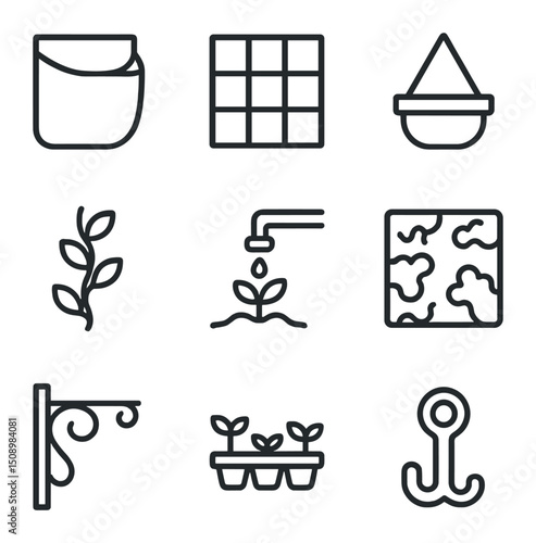 Vertical Garden Icons. Outline icon set of vertical garden: planter pocket, trellis frame, hanging pot, drip irrigation, climbing