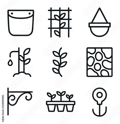 Vertical Garden Icons. Outline icon set of vertical garden: planter pocket, trellis frame, hanging pot, drip irrigation, climbing