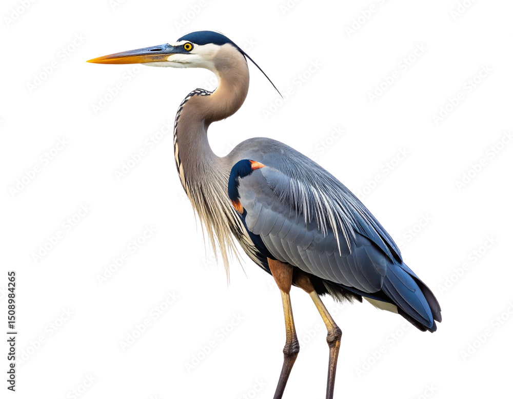 Fototapeta premium Great Blue Heron Standing Alone by the Water’s Edge, Side View, isolated on a transparent background