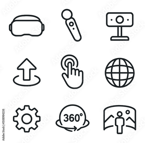 Virtual Reality Icon Set. Outline icon set of virtual reality gaming: VR headset, motion controller, tracking camera, teleport