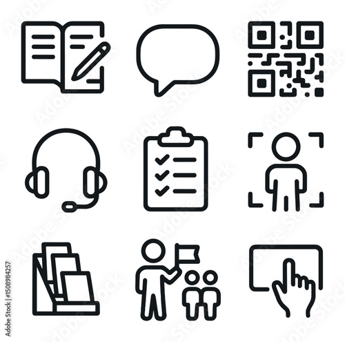 Visitor Engagement Icons. Outline icon set of visitor engagement features: guestbook, comment bubble, QR code, audio guide headset