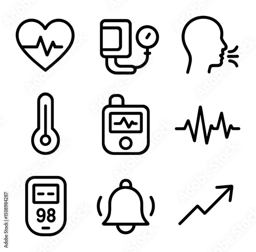 Vital Signs Icons. Outline icon set of vital signs chart: heart rate, blood pressure cuff, respiration icon, thermometer, pulse