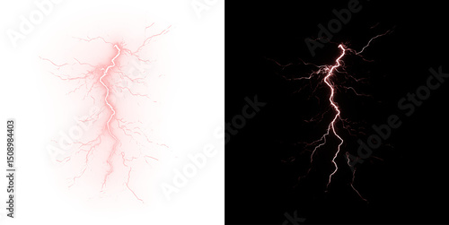 Dramatic lightning strike and thunder overlay with electric storm energy. Powerful weather effect ideal for dramatic nature scenes and designs. Isolated PNG background.	