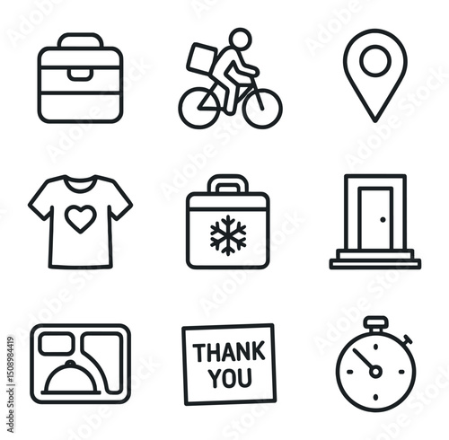 Volunteer Icons Set. Outline icon set of volunteer meal delivery: insulated food container, bicycle courier, map pin, volunteer