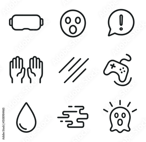 VR Jump Scare Icons. Outline icon set of VR jump scare reaction: VR headset, startled face, raised hands, exclamation bubble,
