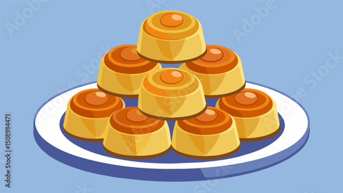 A tower of mini flans are neatly arranged on a platter showcasing their creamy centers and golden crusts.. Vector illustration