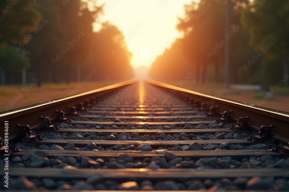 Obraz premium Sunlight glimmers on metal tracks leading through a lush green forest at dusk. The warm hues of orange and gold create a serene atmosphere, inviting quiet reflections