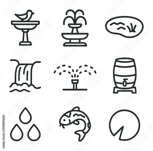 Water Feature Icons. Outline icon set of water features: birdbath, fountain, pond, waterfall, sprinkler, rain barrel, water