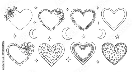 Set of whimsical hand drawn hearts (solid, outline, decorated), tiny stars, and celestial crescents. Coquette vintage line art with playful details. Vector doodles. 
