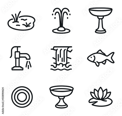 Water Feature Icon Set. Outline icon set of water features: garden pond, fountain jet, bird bath, water lily, pump outlet,