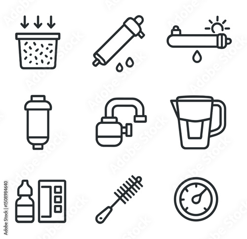 Water Filtration Icons. Outline icon set of water filtration: charcoal filter, reverse osmosis membrane, UV purifier lamp, ceramic