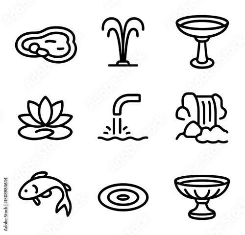 Water Feature Icon Set. Outline icon set of water features: garden pond, fountain jet, bird bath, water lily, pump outlet,