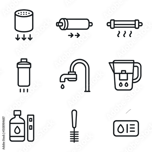 Water Filtration Icons. Outline icon set of water filtration: charcoal filter, reverse osmosis membrane, UV purifier lamp, ceramic