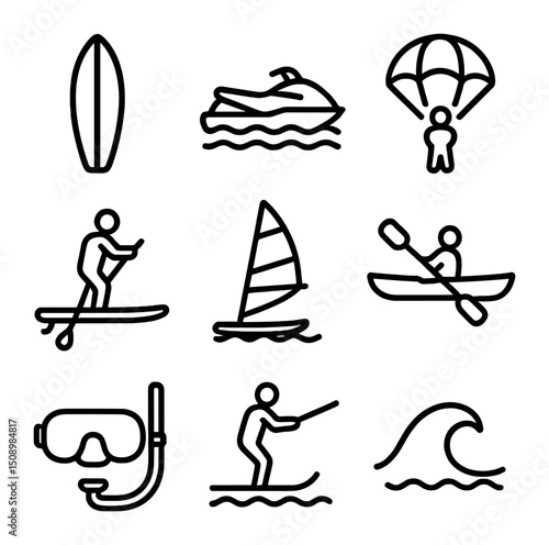 Water Sports Icons. Outline icon set of water sports activities: surfboard, jet ski, parasail, paddle board, windsurf sail, kayak,
