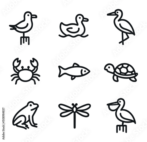 Waterfront Wildlife Icons. Outline icon set of waterfront wildlife by dock: seagull, duck, heron, crab, fish, turtle, frog,