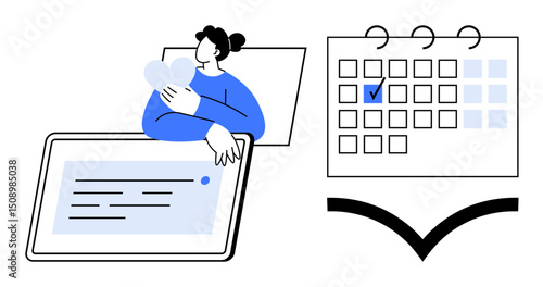 Woman holding heart motivates productivity while using digital tablet near calendar with marked date. Ideal for organization, scheduling, planning, time management, productivity, digital tools, flat
