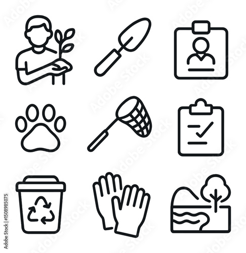 Wildlife Conservation Icons. Outline icon set of man wildlife conservation: sapling tree, trowel, volunteer badge, animal paw