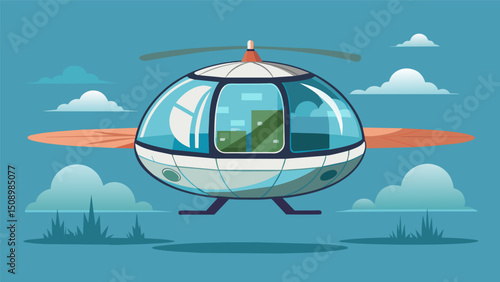 A futuristic air taxi with a transparent domeshaped cabin giving passengers a 360degree view while soaring through the skies. Its vertical takeoff and landing is assisted by. Vector illustration