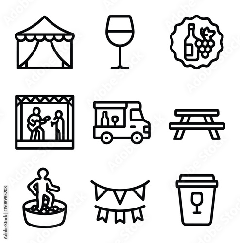 Wine Festival Icons. Outline icon set of wine festival scenes: outdoor tent, wine glass, festival badge, live band stage, food