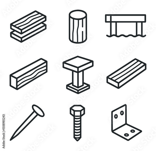 Wooden Dock Icons. Outline icon set of wooden dock construction: planks, pilings, joist, beam, support post, deck board, nail,