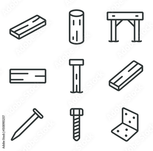 Wooden Dock Icons. Outline icon set of wooden dock construction: planks, pilings, joist, beam, support post, deck board, nail,