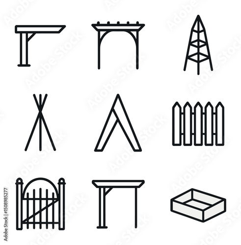 Wooden Support Icons. Outline icon set of alternative wooden supports: pergola beam, garden arbor, obelisk support, wigwam frame,