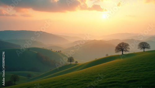 Wallpaper Mural Scenic Meadow Landscape With Sunlit Hills and Silhouetted Trees at Sunset Torontodigital.ca