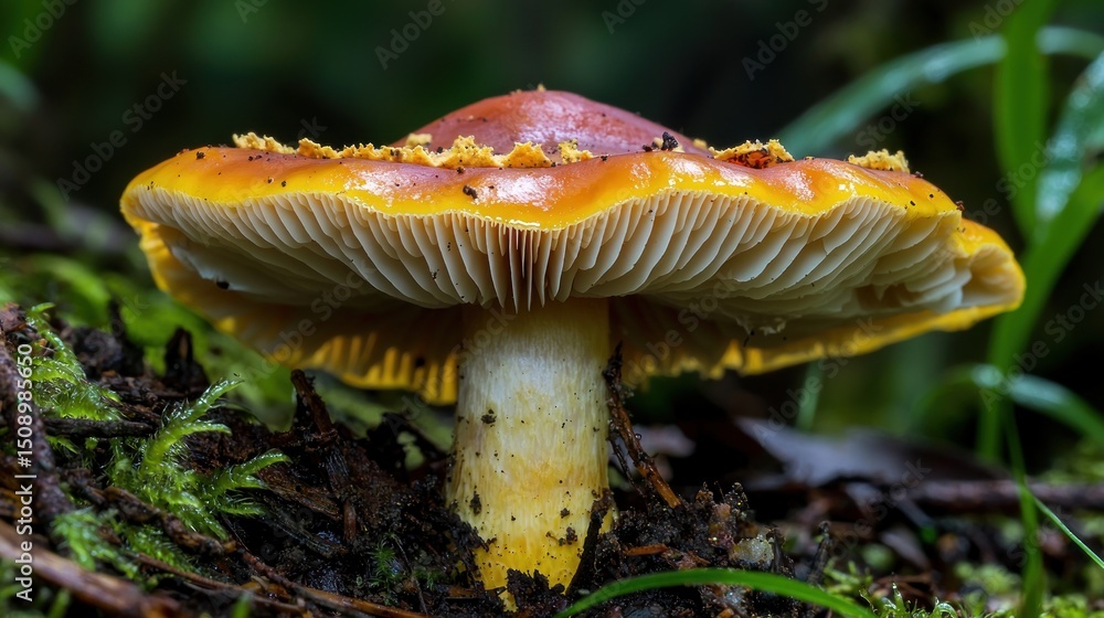 Orange mushroom forest floor close-up, nature background, website banner Orange mushroom forest floor close-up, nature background, website banner