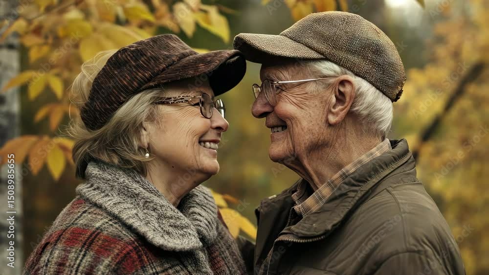 Loving senior couple with caps outdoors in autumn season. Happy elderly man and woman enjoying each other in fall nature. Loving senior couple with caps outdoors in autumn season. Happy elderly man and woman enjoying each other in fall nature.