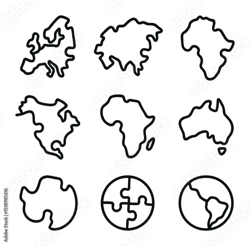 World Puzzle Icons. Outline icon set of regional puzzle pieces: Europe outline, Asia outline, Africa outline, North America