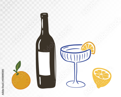 Watercolor Wine Celebration with Fine Bottle and Citrus, Perfect for Dining and Celebration Theme, Hand-Drawn Vector Illustration.